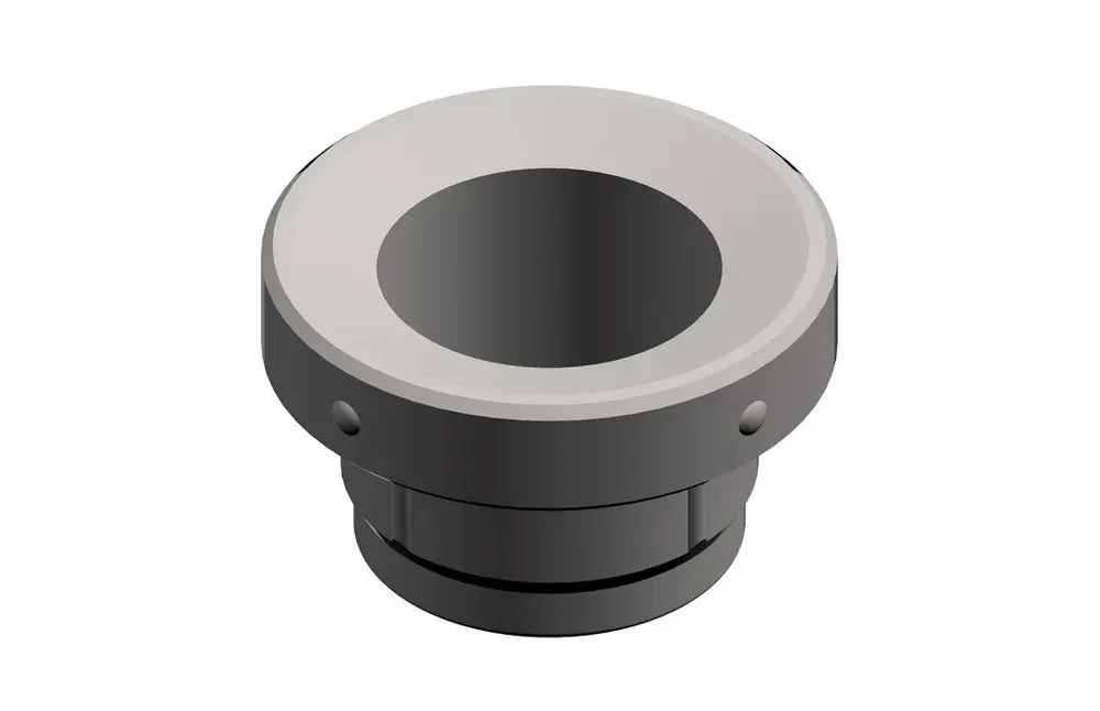 Bosch-Dichtung, runde Bauform mit zentralem Loch, flache Oberseite und seitlichen Befestigungselementen, aus Metall oder ähnlichem Material gefertigt.